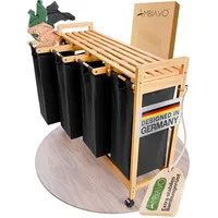 AMBIAVO® Wäschekorb 4 Fächer schwarz mit Rollen [Wäschesäcke aus Baumwolle] - Wäschesammler für Schmutzwäsche | Wäsche Sortiersystem | Wäschesortierer Holz | Wäschebox | Wäschekorb mit Ablage