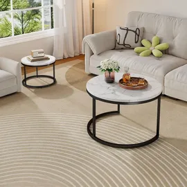 stilvora Couchtisch-Set 2-teilig rund,Wohnzimmertisch mit rutschfesten Fußpads, Beistelltisch mit Metallrahmen und Tischplatte Steinoptik - Schwarz
