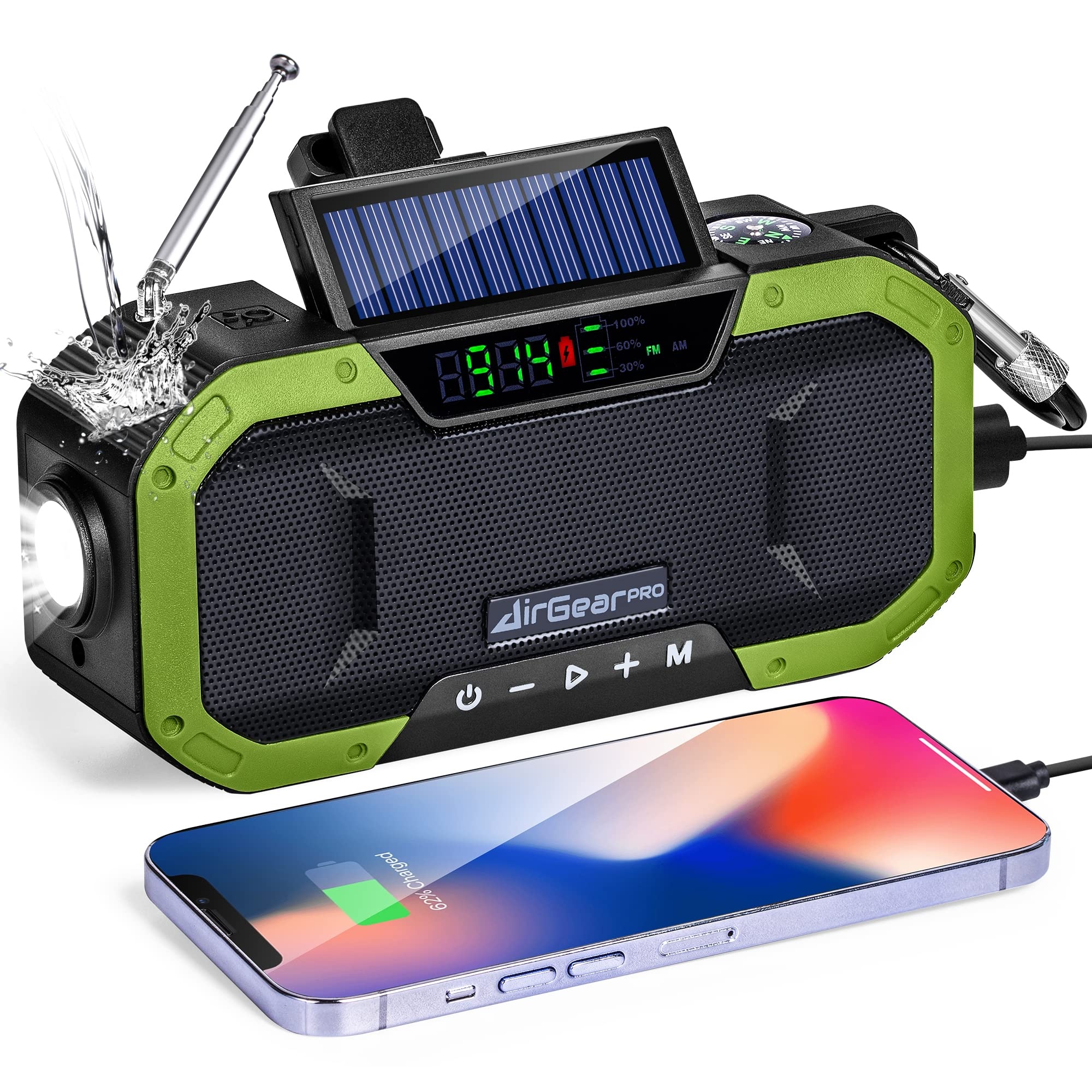 AirGearPro Kurbelradio mit Handyladefunktion Solar, 5000 mAh Powerbank mit USB-Ausgang, FM/AM, Dynamo, IPX5 wasserdicht, LED-Taschenlampe, Notfallradio ideal für Outdoor, Reisen, Wandern