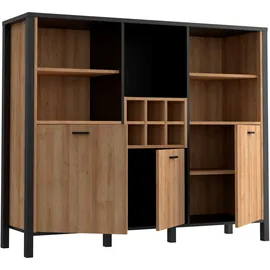 Forte HIGH Rock Bücherregal mit 3 Türen, Holzwerkstoff, schwarz/Riviera Eiche, B x H x T: 139,4 cm