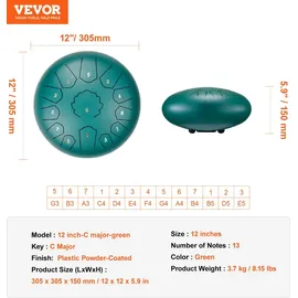 Vevor Zungentrommel 305mm, Steel Tongue Drum 13 Noten, Stahltrommel C-Dur-Tonart, mit 2 Schlägeln & Tragetasche, Handpan-Trommel, Schlaginstrument für Musikunterricht & Yoga, Grün