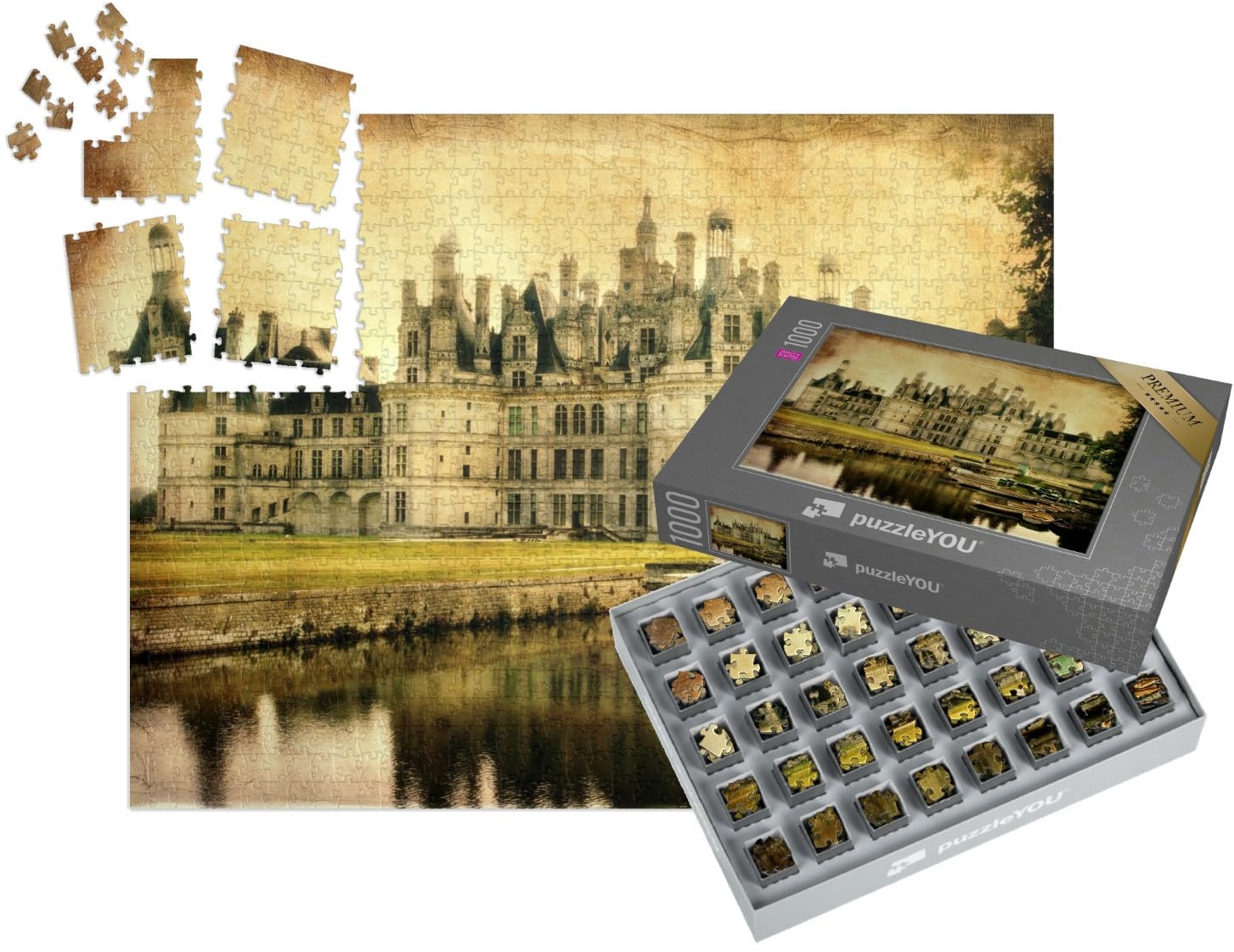 puzzleYOU: SMART Sorted® | Puzzle 1000 Teile leicht gemacht „Schloss Chambord - künstlerisches Bild im Retro-Stil“