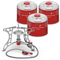 EVOCAMP kompakter Campingkocher 3.2 kW mit Piezo-Zünder, Camping Stove, Mini-Gaskocher + 3 Kartuschen 500 g)