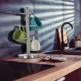 Relaxdays Tassenhalter, mit 6 Stangen, zum Hinstellen, Edelstahl, für Kaffeebecher, Küche, runder Tassenbaum, silber