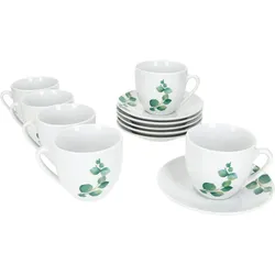 6er Set Eukalyptus Kaffeetassen mit Untertassen 6 Personen Porzellan Tee Blatt