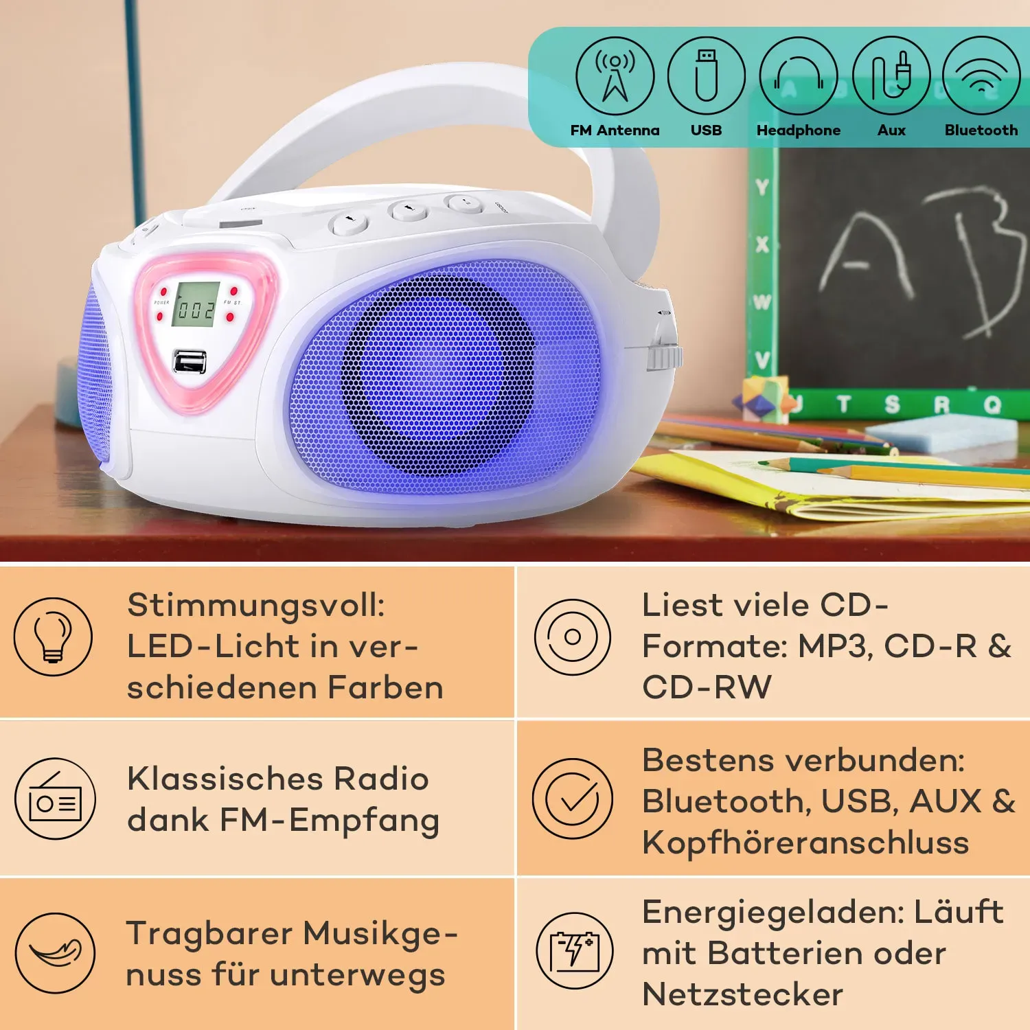 Roadie CD Boombox UKW-Radio Lichtshow CD-Player Bluetooth 5.0