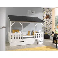 Vipack Hausbett mit 90 x 200 cm Liegefläche und Bettschublade Korpus Weiß lackiert, Dach schwarz