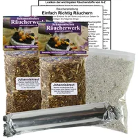 JOHANNISKRAUT Hexenkraut zum RÄUCHERN. 15-TLG Räucherset - 2X 60ml Räucherwerk mit Räucherkohle (10x) + Räuchersand + Räucheranleitung + Lexikon der wichtigsten Räucherstoffe A-Z. 82060-XX32