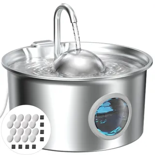 Trinkbrunnen für Katze Edelstahl Katzen Wasserbrunnen: Katzenbrunnen für Katzen Automatic - 2.6L Katzentrinkbrunnen mit Wasserstandsfenster - Trinkbrunnen Katze mit 8 Kohlefilters + 8 Schwämmes