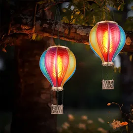 GLOBO Solarlampe Hängeleuchte Außenlampe Heißluftballon bunt Feuereffekt Gartendeko Balkonlampe, 20x 0,5W 1600K warmweiß, DxH 14 x 46,5 cm