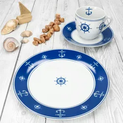 Ahoi 18tlg Kaffeeservice Porzellan 6Pers Tasse Untertasse Teller Anker nautisch