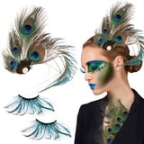 BETESSIN Pfau Kostüm Damen Falsche Wimpern Lang Pfauenfeder Haarspangen Haar Clips Künstliche Wimpern Blaugrün Frauen 20er Jahre Kostüm Karneval Fasching Gatsby Mottoparty Cosplay Stil B