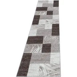 Teppich Handwäsche Kurzflor Abstrakte Karos Polypropylen Wohnzimmer Braun Läufer 80x300 | Kadima Design
