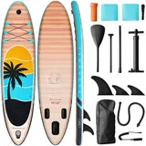 Inflatable Stand Up Paddle Board 320cm,SUP Board Set mit Zubehör, UV-beständig, hohe Stabilität bis 200kg, mit Pumpe, Rucksack & Paddel, für Anfänger & Fortgeschrittene (Hellbraun - Holzmaserung)
