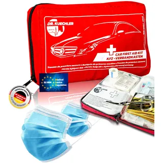 DR.KUECHLER MEDICAL Qualitäts- KFZ Verbandstasche, neueste DIN Norm 13164, 2026, Auto, PKW Verbandskasten, für die TÜV Prüfung, vollständiges Erste Hilfe Set Auto, Color First AID KITS:rot
