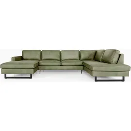 PLACES OF STYLE Wohnlandschaft »Pinto, 350 cm, U-Form, XXL, mit Ottomanen«, Cord, Chenille, Lederoptik, mit Keder, Metallfüße, Wellenunterfederung grün