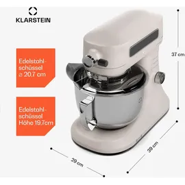 Klarstein Chiara Küchenmaschine – 5L Edelstahlschüssel, 12 Geschwindigkeiten, LCD-Touch-Display, Leise ≤72 dB, Spülmaschinenfestes Patisserie-Set, Aluminium-Druckgussgehäuse, Sand