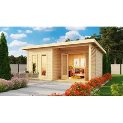 Karibu Aktionsangebot (inkl. 100 Euro Zubehör): Holz Gartensauna / Saunahaus "Mainburg 5",naturbelassen,509 x 369 x 253 cm (B x T x H), 3 Bänke