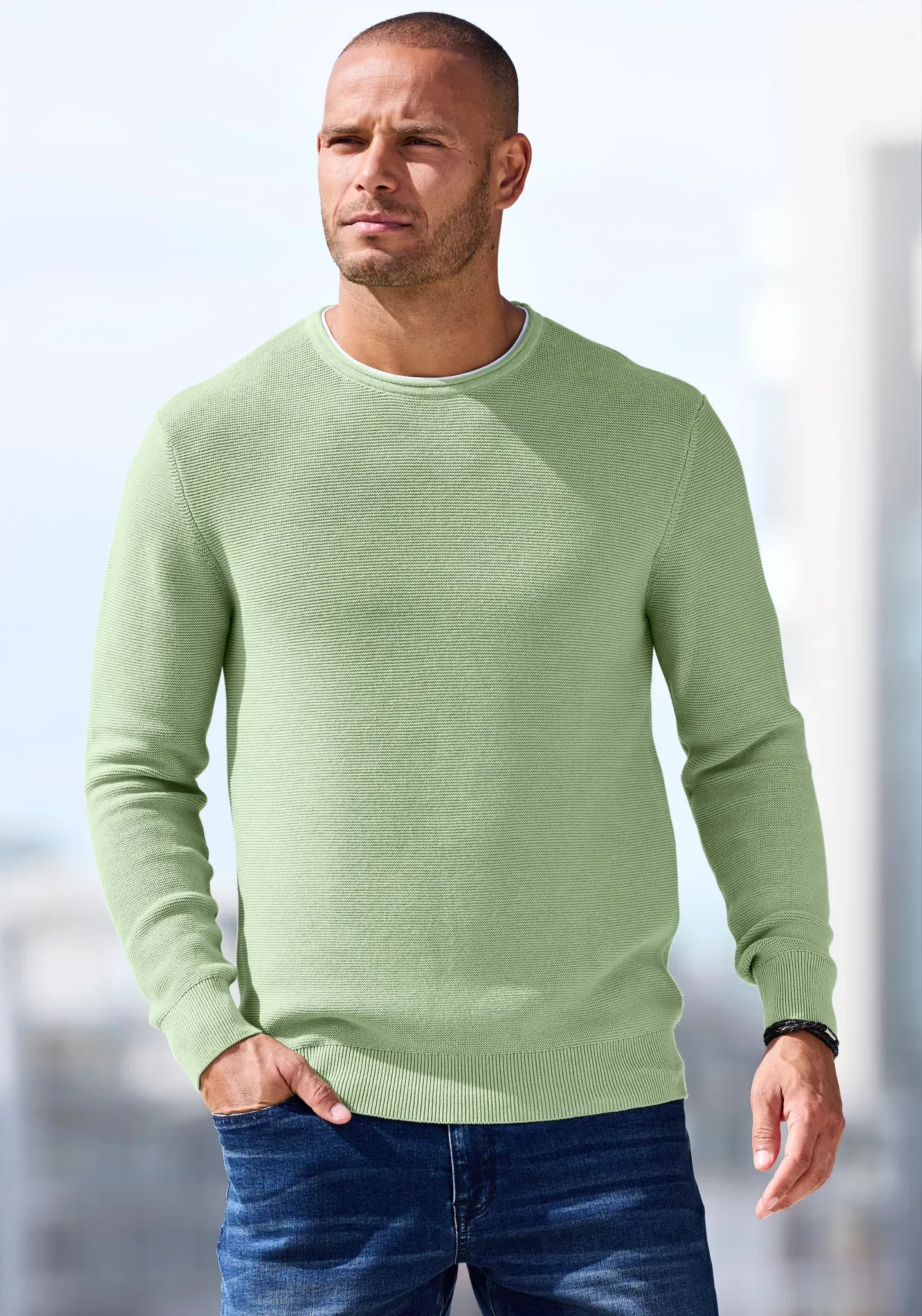 Strickpullover AUTHENTIC LE JOGGER, Herren, Gr. L (52/54), grün, Strick, Obermaterial: 100% Baumwolle, unifarben, regular fit normal, Rundhals, Bündchen, Pullover Strickpullover, mit Double-Layer Optik, Pullover aus reiner Baumwolle
