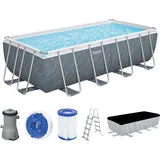 Bestway Power Steel Frame Pool Komplett-Set mit Filterpumpe 488 x 244 x 122 cm, Marmor-Optik (Schiefergrau), eckig