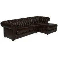 Vente-Unique Chesterfield, Braun, Leder, Uni, 5-Sitzer, 274x166 cm, Wohnzimmer, Sofas & Couches, Wohnlandschaften, Ecksofas
