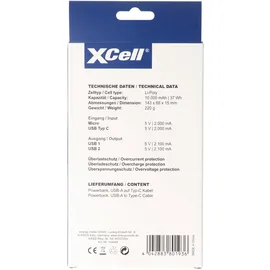 XCell Powerbank X10000 mit 10.000mAh Kapazität, schlankes Design, LED-Display, zweifacher USB-Ausgang, USB-C Ladeport