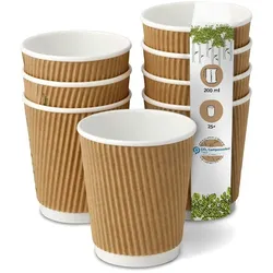 BIOZOYG 25 Stück Riffelbecher 200ml / 8oz Kaffee To Go Pappbecher, Braune Einwegbecher, Nachhaltig, Biologisch Abbaubar, Einwegbecher