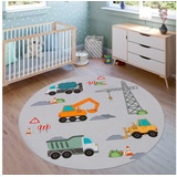 Paco Home Kinderteppich »Bino 579«, rund, 4 mm Höhe, Spielteppich, Motiv Autos & Baustelle, Kinderzimmer, grau