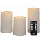 Coen Bakker Deco BV LED-Kerze Wax Candles (Set, 4-tlg., mit Fernbedienung), 3 Stück weiß Fernbedienung 10, 12.5 und 15cm geriffelt weiß