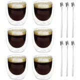 Latte Macchiato Gläser Doppelwandig Espressotassen Set: 6 x 80ml Doppelwandige Gläser mit 6 Löffeln, Cappuccino Tassen Kaffeegläser Kaffeetassen Eiskaffee Glas Thermogläser Kaffeebecher