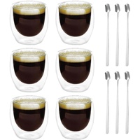 Latte Macchiato Gläser Doppelwandig Espressotassen Set: 6 x 80ml Doppelwandige Gläser mit 6 Löffeln, Cappuccino Tassen Kaffeegläser Kaffeetassen Eiskaffee Glas Thermogläser Kaffeebecher