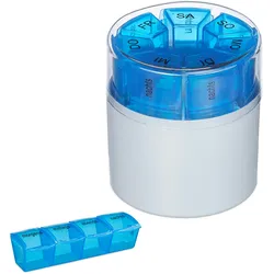 Relaxdays Tablettenbox 7 Tage 4 Fächer, morgens, mittags, abends, nachts, BPA-frei, Wochenbox für Medikamente, weiß/blau