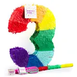 Trendario Zahl 3 Pinata Set, Pinjatta + Stab + Augenmaske, Ideal zum Befüllen mit Süßigkeiten und Geschenken - Piñata für Kindergeburtstag Spiel, Geschenkidee, Party, Hochzeit