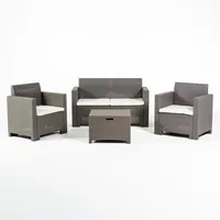 RATTATAN Gartenlounge SALINA aus Polyrattan mit abnehmbaren Kissen, bestehend aus einem 2-Sitzer-Sofa, zwei Sesseln und einem Aufbewahrungstisch – Taupe