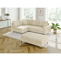 S-Style Möbel Ecksofa mit Schlaffunktion und Hocker Kristian aus Chenille-Stoff, Ottomane links oder rechts bestellbar. Schlaffunktion in Kombination mit Hocker möglich., mit Wellenfederung beige