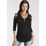 MELROSE 3/4-Arm-Shirt MELROSE, Damen, Gr. 36, schwarz, Jersey, Obermaterial: 95% Viskose, 5% Elasthan, unifarben, figurbetont lang, tiefer V-Ausschnitt, mit Cut Outs, Shirts 3/4-Arm-Shirt, 3/4-Ärmel, figurbetonte Passform, mit modischen Cut-Outs