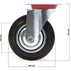 Wiltec Lenkrollen Set 2x Transportrolle mit Vollgummirad Ø200mm bis 150kg pro Rad mit Metallfelge und Anbauplatte, leiser Lauf, Transportrollen Möbelrollen Laufrollen