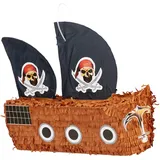 Relaxdays 3 TLG. Pinata Set Piratenschiff, Pinatastab mit Augenmaske, für Kinder, Stock & Augenbinde, selbst befüllen, Piñata, bunt