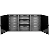 Kreher® Werkstattschrank aus Metall mit 2 abschließbaren Türen, Zwei höhenverstellbaren Einlegeböden und Einer Lochwand. Lackiert in Schwarz. Maße BxTxH ca.: 120 x 19 x 60 cm.