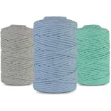 Netuno 3X Makramee Garn 5mm 100m 3er Set Baumwollkordel Grau Hellblau Celadon Textilgarn Kordelband Naturgarn Naturbaumwolle Garn für Makramee Taschengarn Dekoschnur Flechtschnur Baumwolle Garn