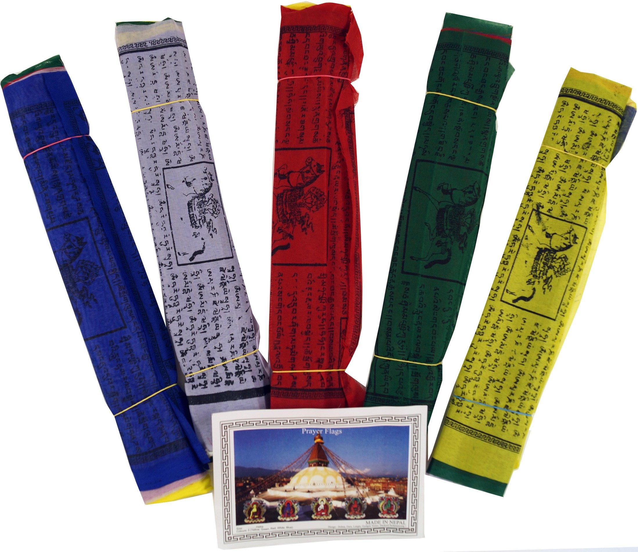 GURU SHOP Gebetsfahnen (Tibet) 5 Stück Sparpack Gebetsfahnen in Verschiedenen Längen - 10 Wimpel/Viskose, Länge: 1,5 m Lang (Wimpel 15x12 Cm), Gebetsfahnen