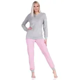 Normann Pyjama Damen Frottee Schlafanzug lang mit Bündchen und floraler Applikation rosa 40-42