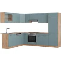 Vicco Eckküche R-Line Solid Eiche Blau Grau 287x227 cm modern Küchenschränke Küchenmöbel