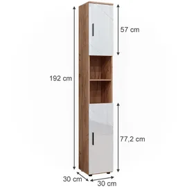 Vicco Badschrank Irma Eiche Weiß Hochglanz modern 30x192 cm mit Türen und Offenen Fächern