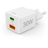Hama Schnellladegerät 1x USB-C 1x USB-A Mini-Ladegerät PD 30 W Weiß