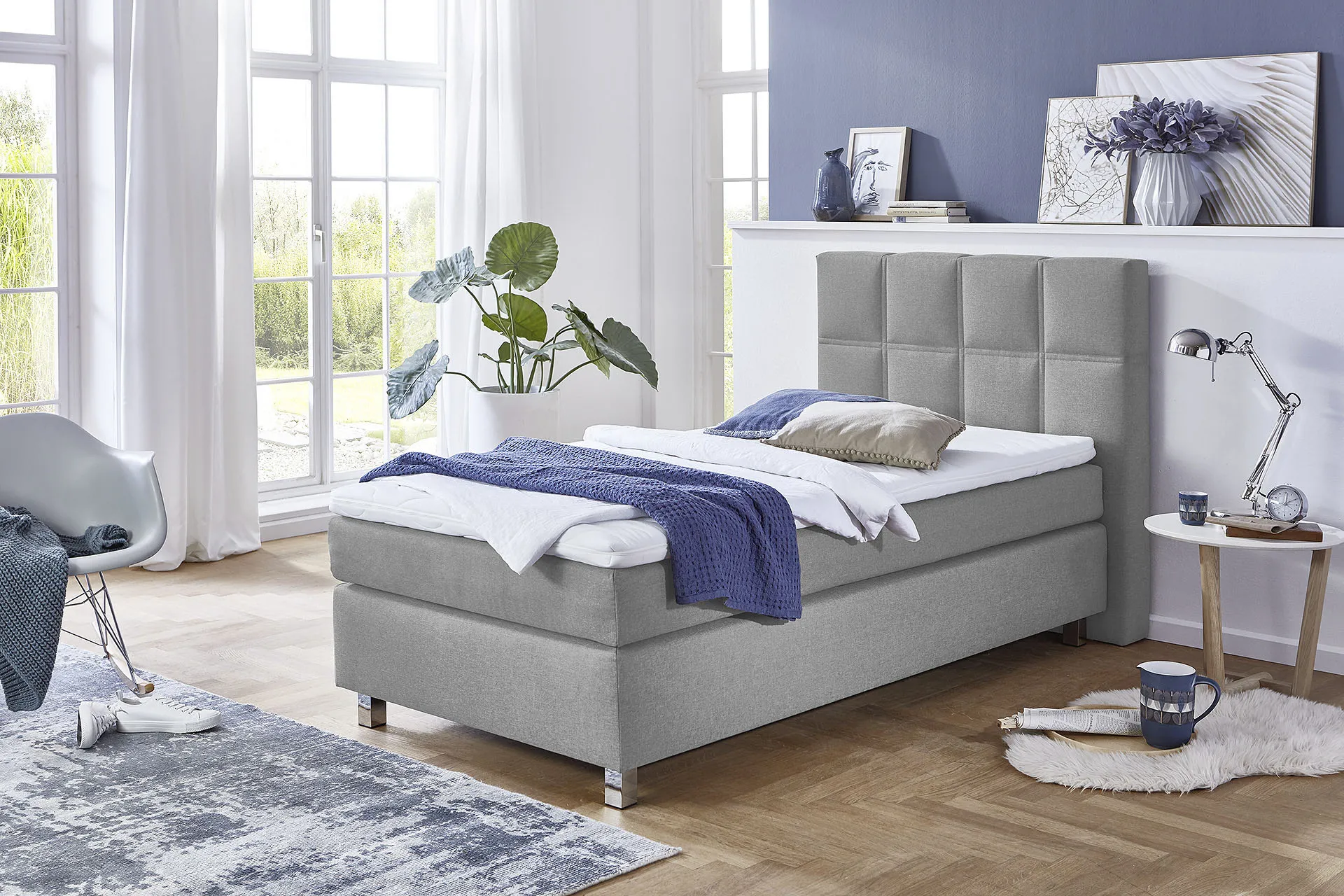 Boxspringbett WESTFALIA SCHLAFKOMFORT, grau, B:105cm L:210cm, Bezug Bett: Feinstruktur 100% Polyester, Bezug Bonnell-Federkernmatratze: 100% Polyester, Bezug Kaltschaummatratze: 100% Polyester, Bezug Tonnentaschenfederkernmatratze: 80% Baumwolle, 20%Polyester, Topper: Komfortschaum mit Bezug 100% Polyester, Komplettbetten, Boxspringbett, mit Topper