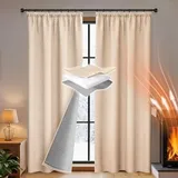 Rosnek Thermovorhang Kälteschutz Kräuselband, 100% Blackout Curtains mit Thermo & Gegen kälte, Dicke Schallschutz Vorhang für Schlafzimmer Wohnzimmer (H245xB140cm, Beige 2er Set)