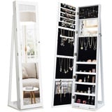 COSTWAY Schmuckschrank, Spiegelschrank mit Ganzkörperspiegel und eingebauter Make-up-Spiegel, abschließbar, stehend, Schmuckaufbewahrung, Schmuck-Organizer (Weiß)