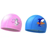 Kinder Badekappe, 2 Stück wasserdichte Kinder Badekappe Silikon Elastische Mädchen Schwimmmütze, Weich Silikon gedruckt Badekappen, Schwimmmütze Hai für 2-12 Jahre Jugend Jungen mädchen Lange Haare