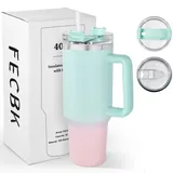 fecbk 1,2L Kaffeebecher to Go Thermobecher Doppelwandig Edelstahl Vakuumisoliert Auslaufsicher Trinkbecher mit Deckel und Strohhalm 40 oz Tumbler Cup, Spülmaschinenfest, Bubble Gum